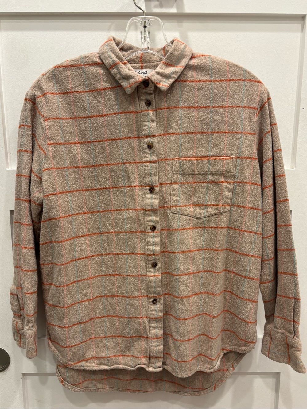 Madewell Beige Flannel Shirt with Orange & Pink Plaid